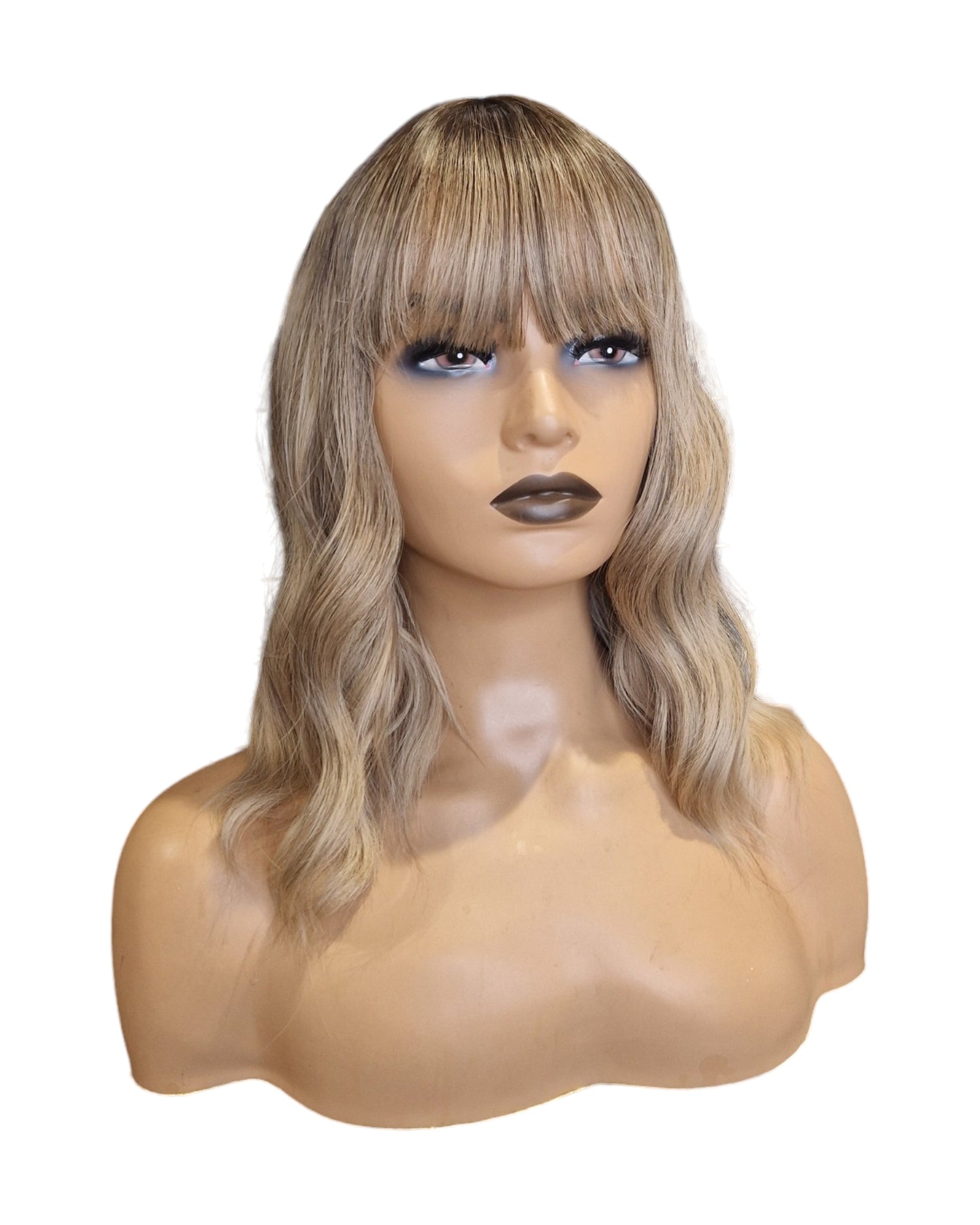 Ash Blonde Textured Wave Wig With Fringe Bangs. Wendi-CelebWigs