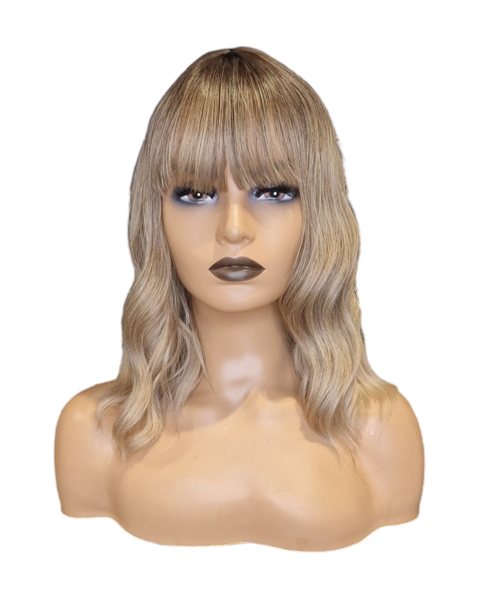 Ash Blonde Textured Wave Wig With Fringe Bangs. Wendi-CelebWigs