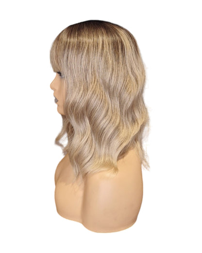 Ash Blonde Textured Wave Wig With Fringe Bangs. Wendi-CelebWigs