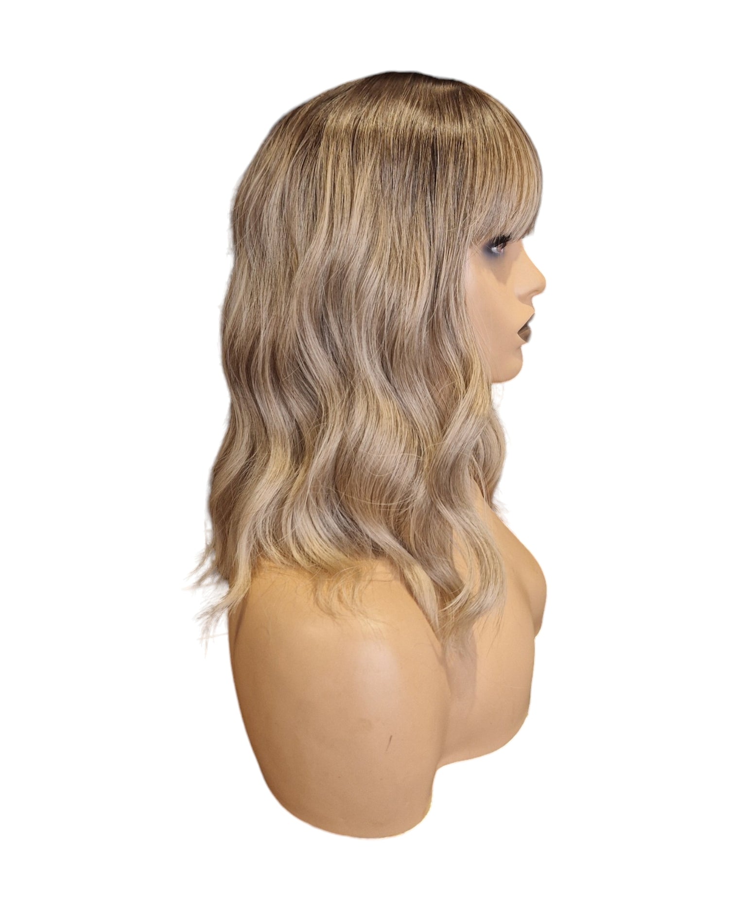 Ash Blonde Textured Wave Wig With Fringe Bangs. Wendi-CelebWigs