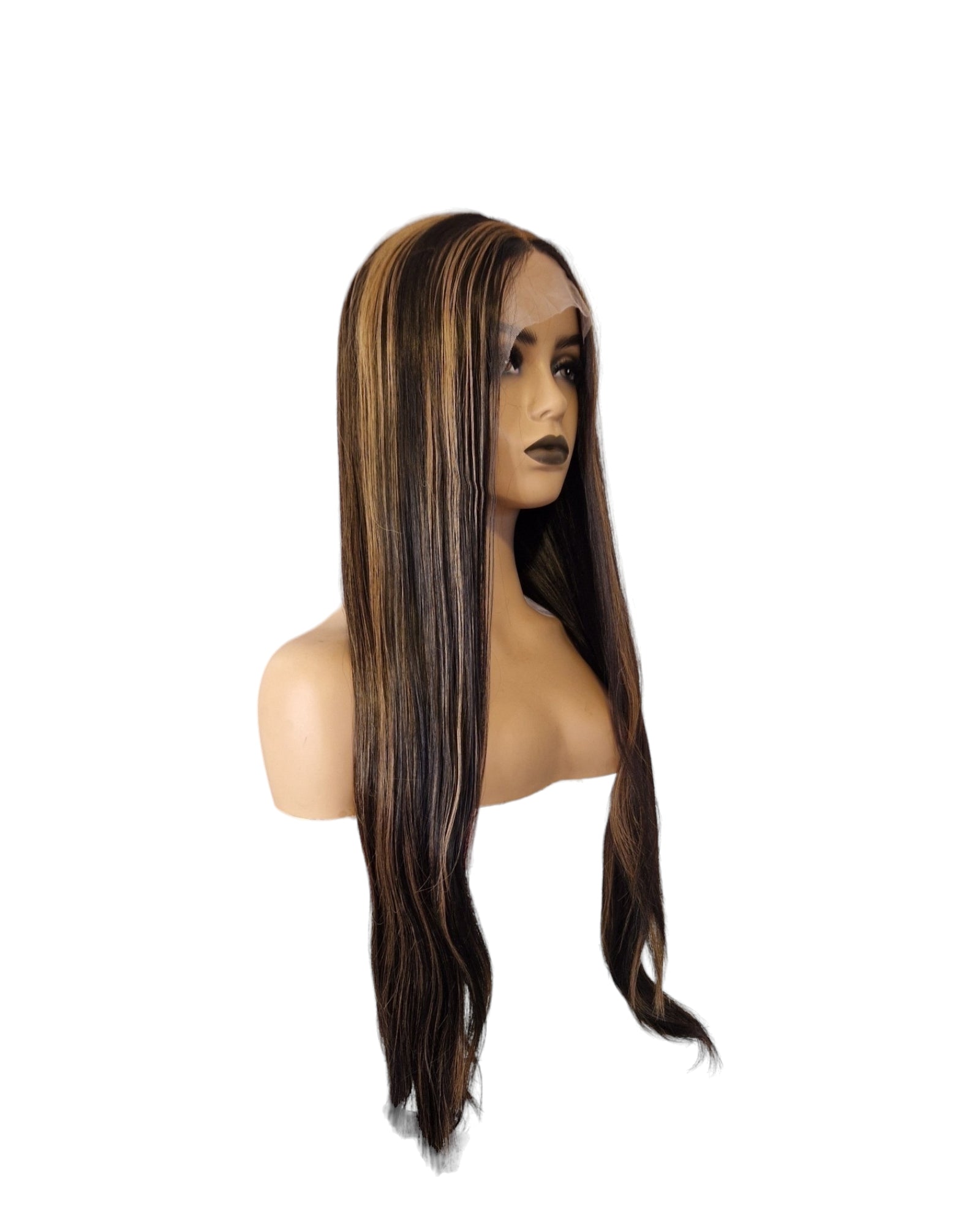 Brunette Streaked Lace Front Wig. Long Silky Straight T Part Wig. Ziva-CelebWigs