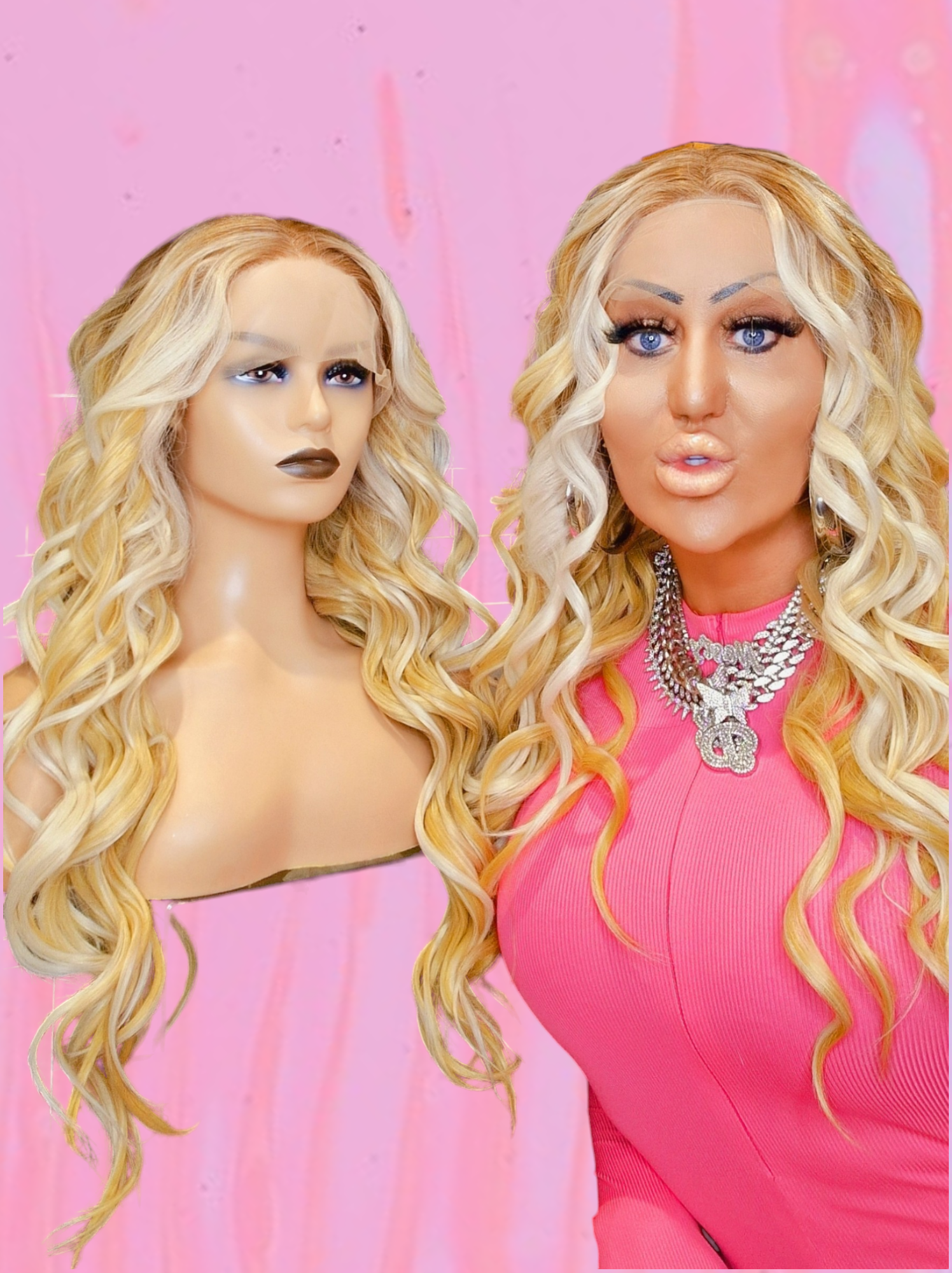 Defined Wave Blonde Streaked Middle Part Lace Front Wig. Agatha-CelebWigs