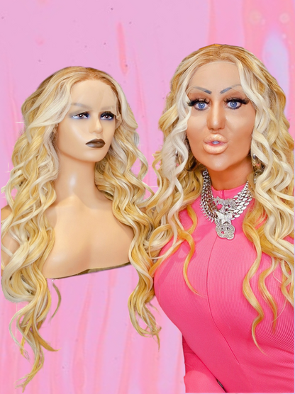 Defined Wave Blonde Streaked Middle Part Lace Front Wig. Agatha-CelebWigs