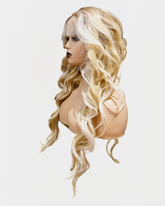 Defined Wave Blonde Streaked Middle Part Lace Front Wig. Agatha-CelebWigs