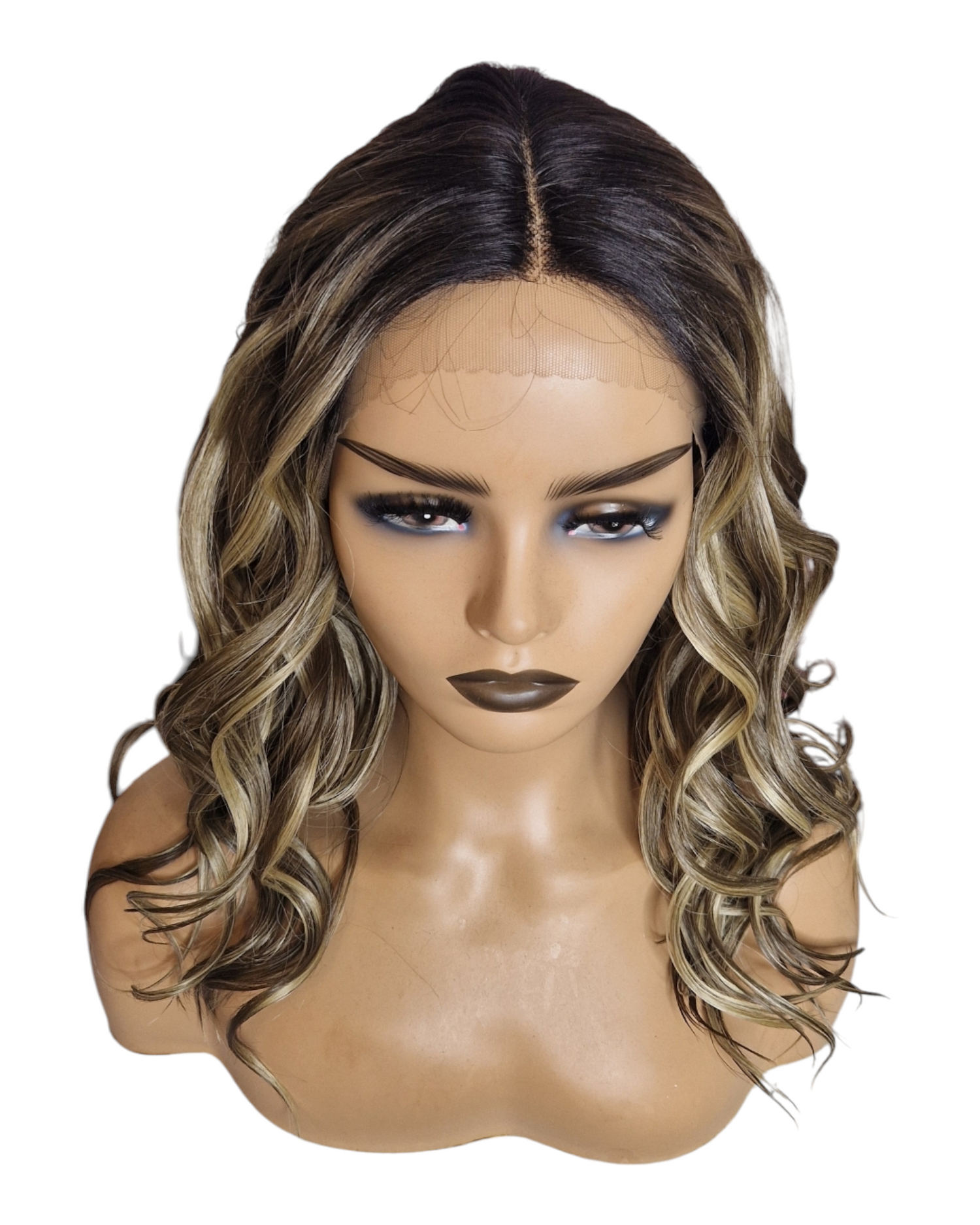 Ash Brown Blonde Streaked Mid Length Lace Front  Wig. Breezy