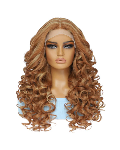 Curly Synthetic Lace Front Wig. Glueless T Part Lace Wig Streaked Blonde. Zena-CelebWigs