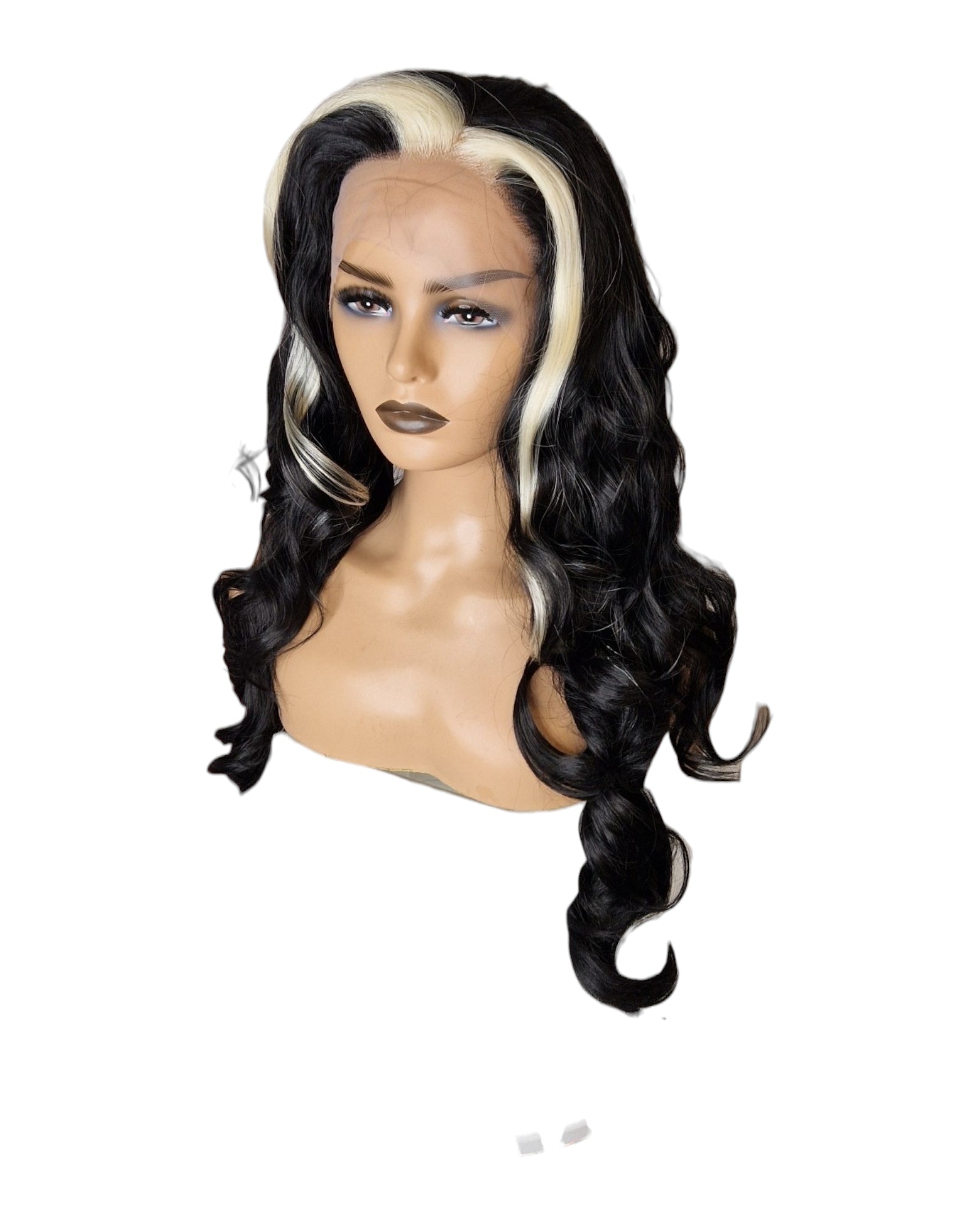 Blonde Streaked Bangs Black Wavy Lace Front Wig. Visage-CelebWigs