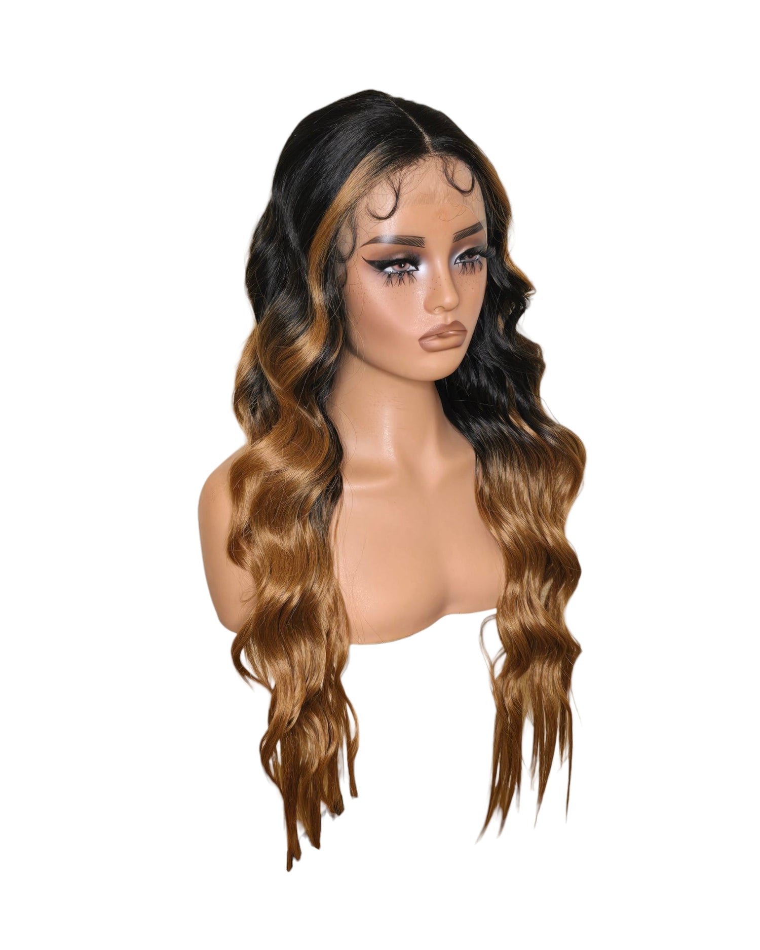 Black Caramel Ombre Wavy Middle Part Lace Front Wig. Badra.