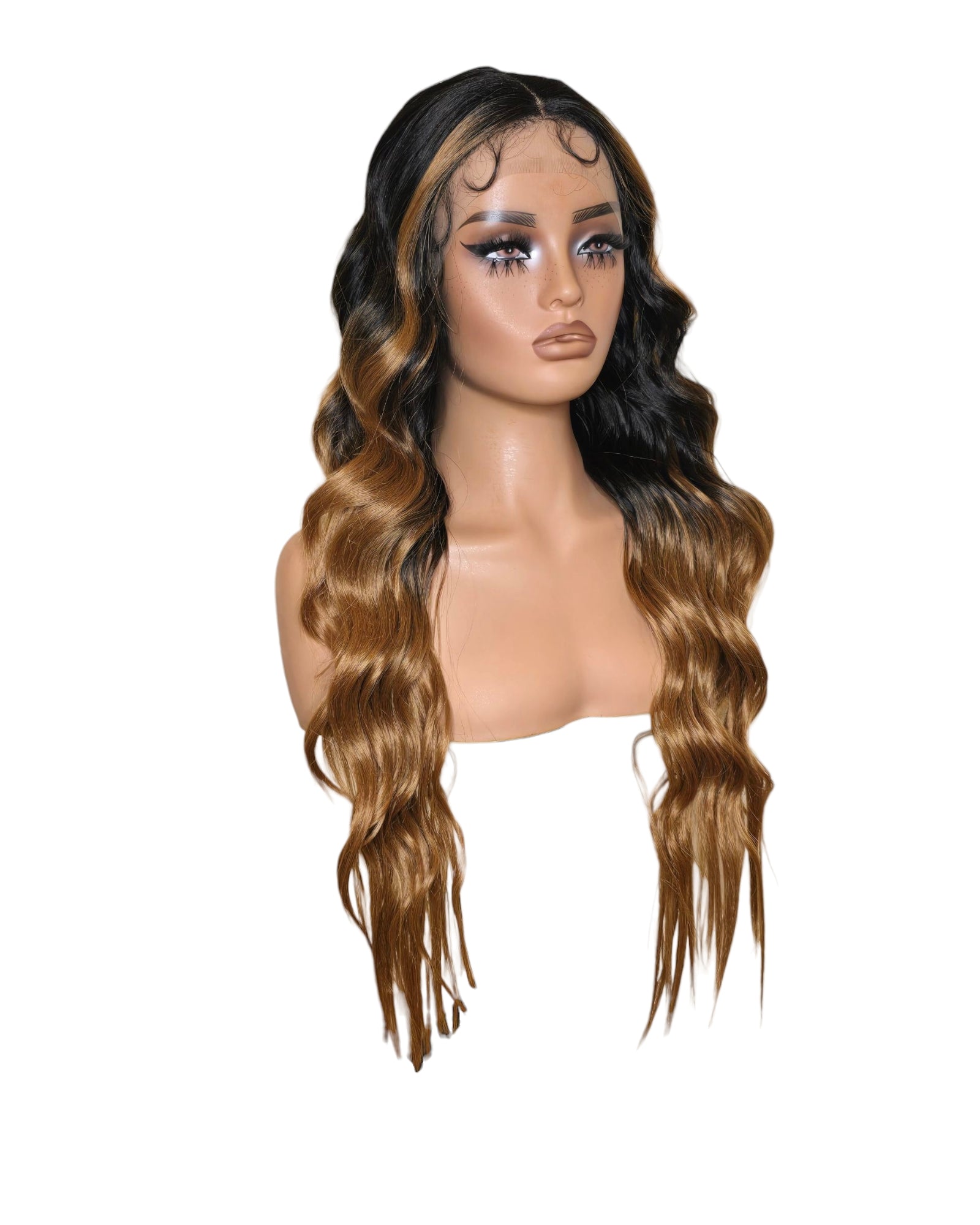Black Caramel Ombre Wavy Middle Part Lace Front Wig. Badra.