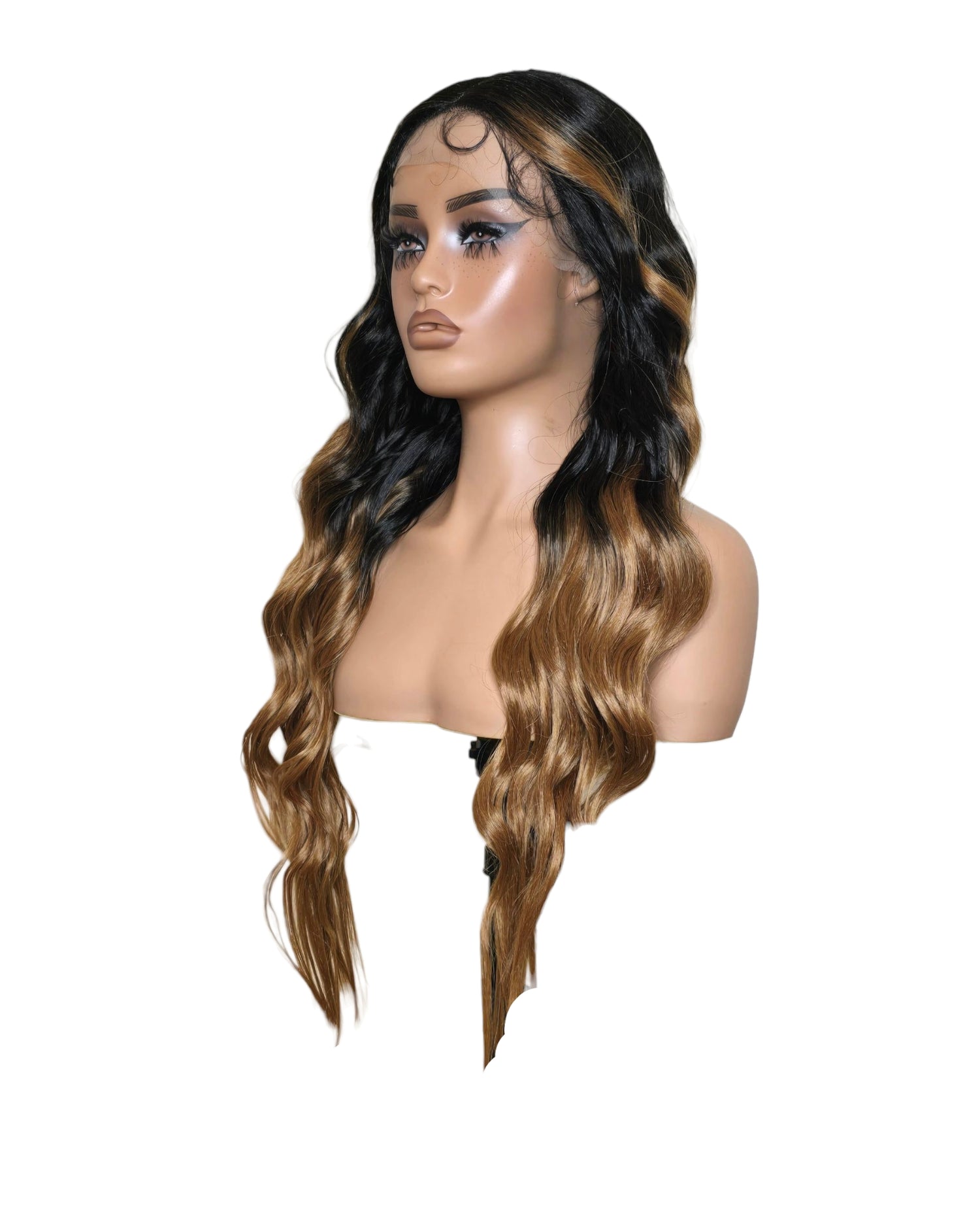 Black Caramel Ombre Wavy Middle Part Lace Front Wig. Badra.