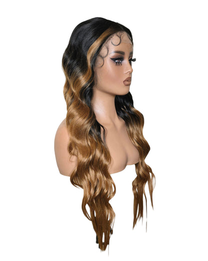 Black Caramel Ombre Wavy Middle Part Lace Front Wig. Badra.