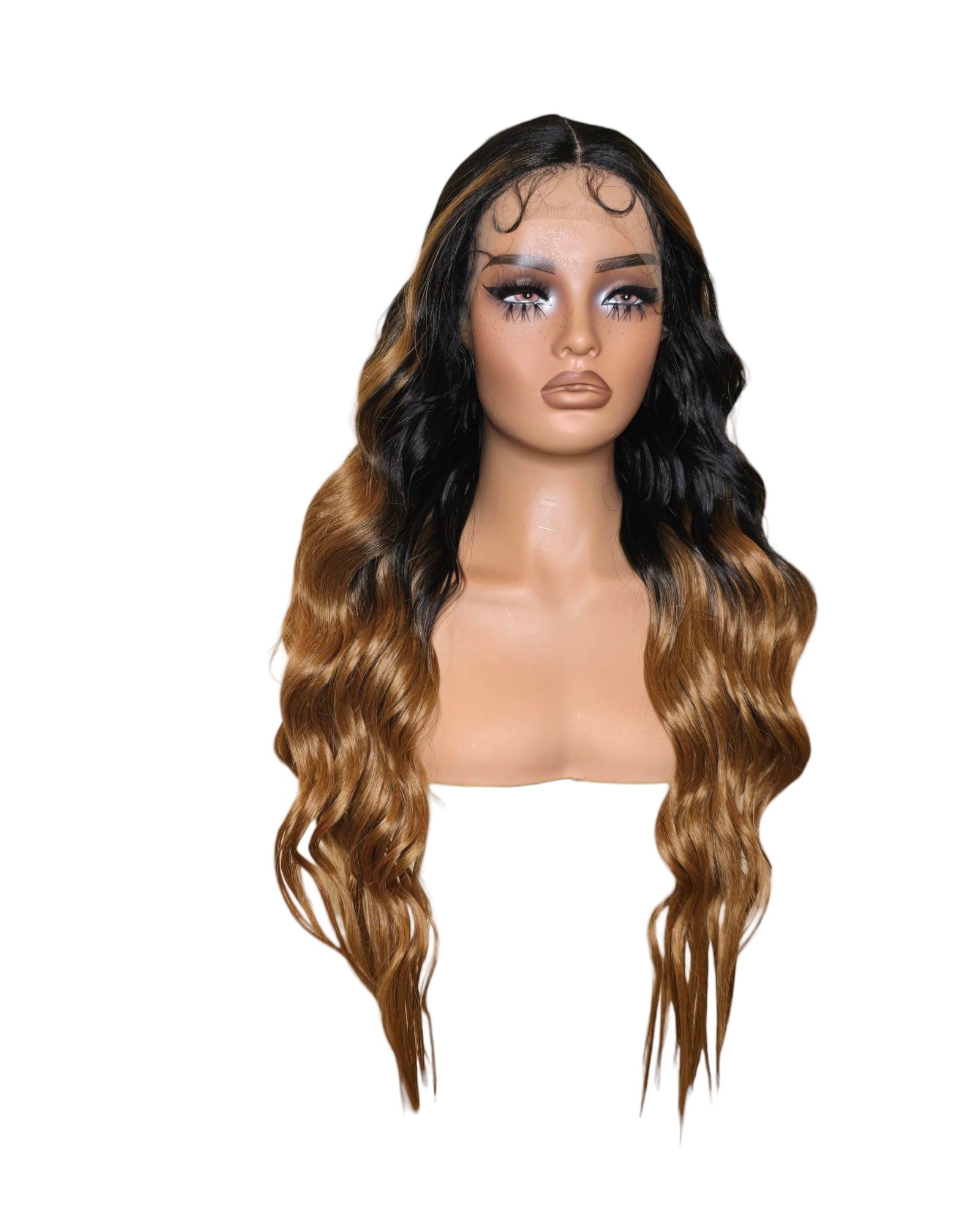 Black Caramel Ombre Wavy Middle Part Lace Front Wig. Badra.