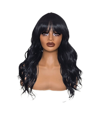 Black Long Wavy Wig with Fringe. Abigail