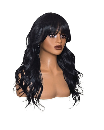 Black Long Wavy Wig with Fringe. Abigail