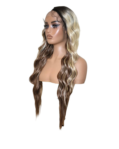 Chocolate Blonde Wavy Middle Part Lace Front Wig. Badra.