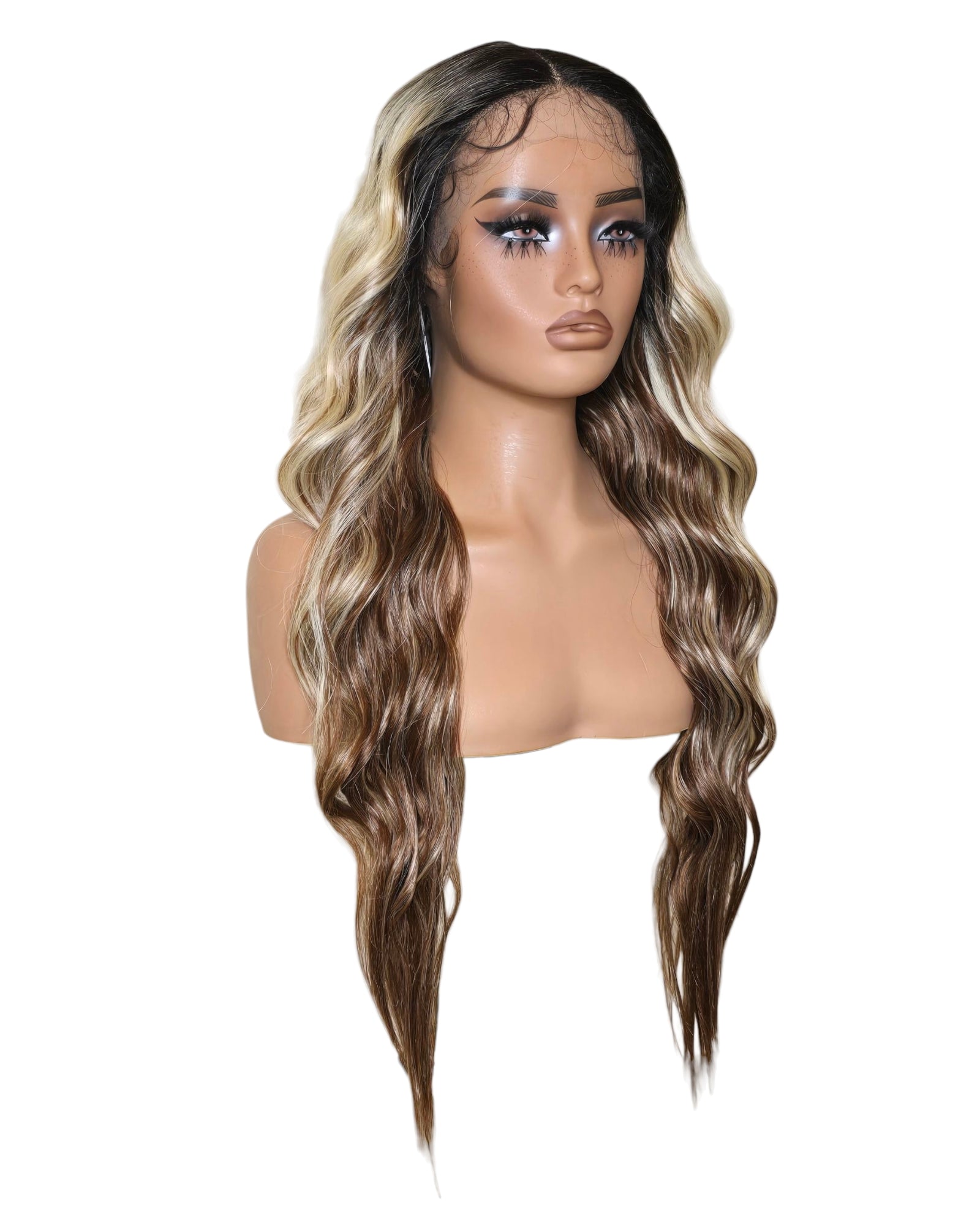 Chocolate Blonde Wavy Middle Part Lace Front Wig. Badra.