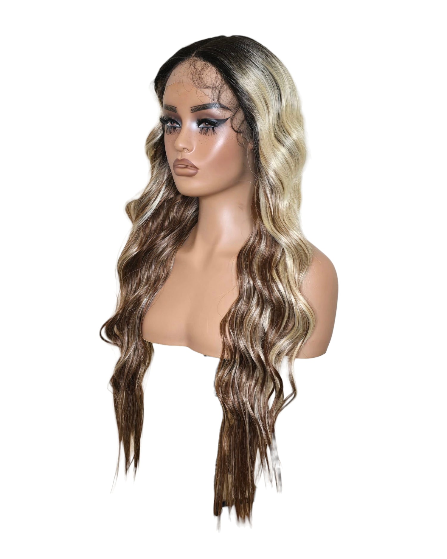 Chocolate Blonde Wavy Middle Part Lace Front Wig. Badra.
