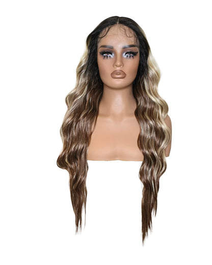 Chocolate Blonde Wavy Middle Part Lace Front Wig. Badra.