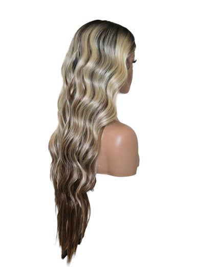 Chocolate Blonde Wavy Middle Part Lace Front Wig. Badra.