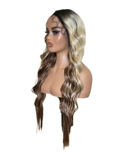 Chocolate Blonde Wavy Middle Part Lace Front Wig. Badra.