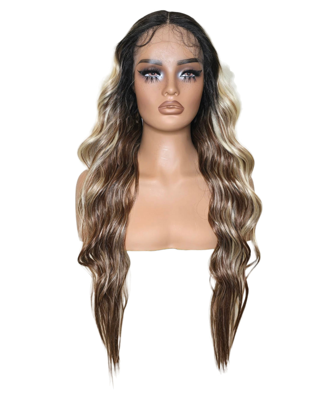 Chocolate Blonde Wavy Middle Part Lace Front Wig. Badra.