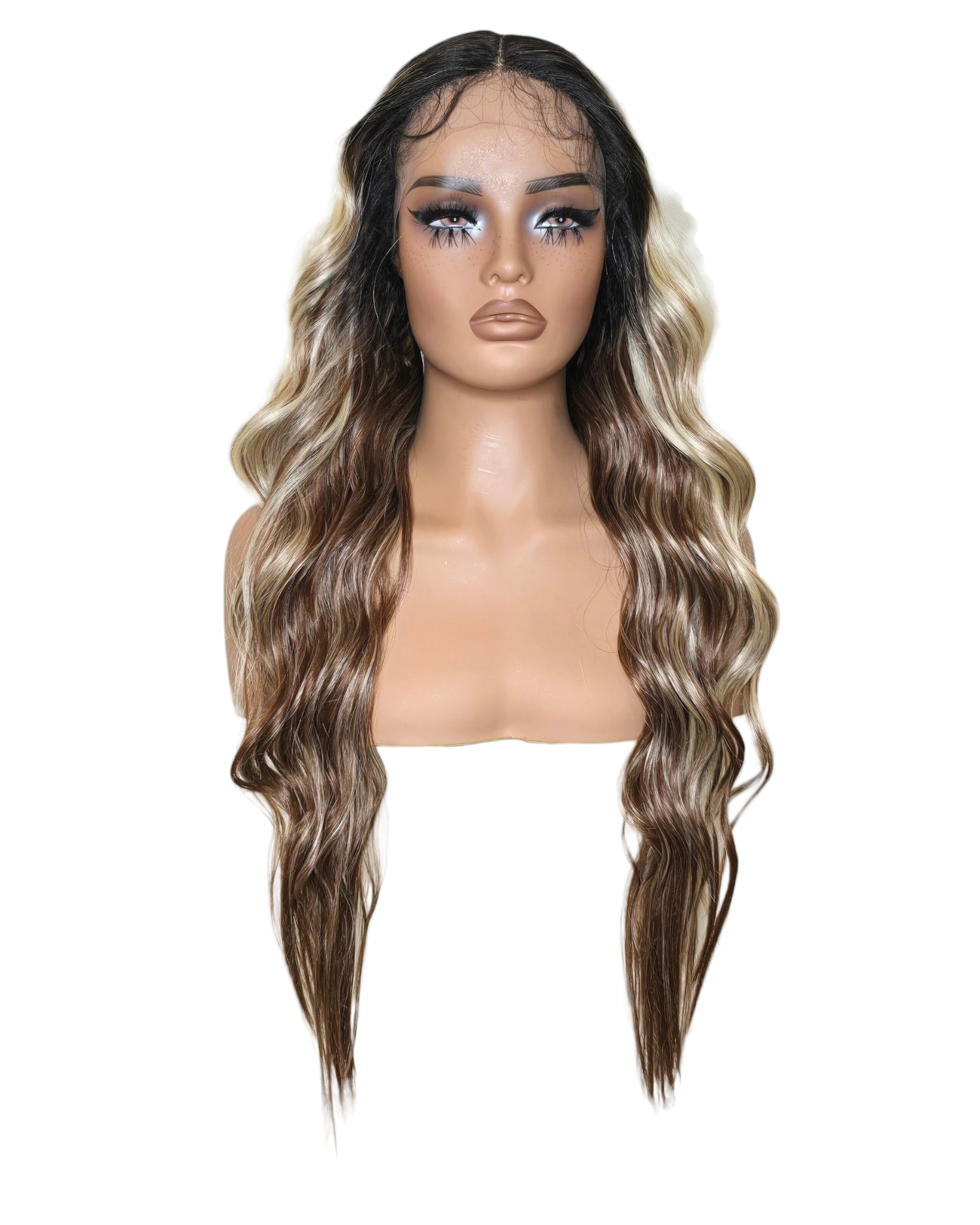 Chocolate Blonde Wavy Middle Part Lace Front Wig. Badra.