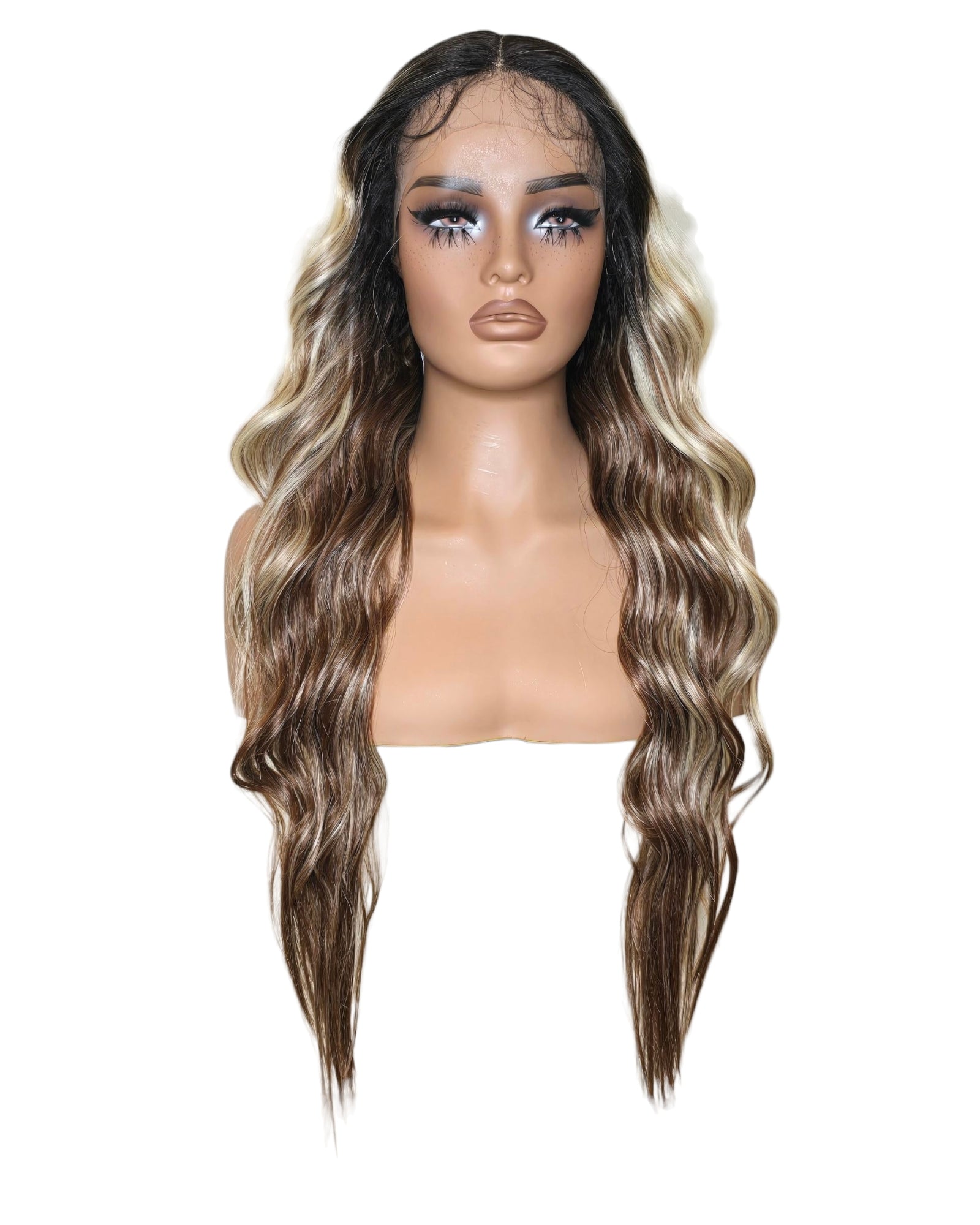 Chocolate Blonde Wavy Middle Part Lace Front Wig. Badra.
