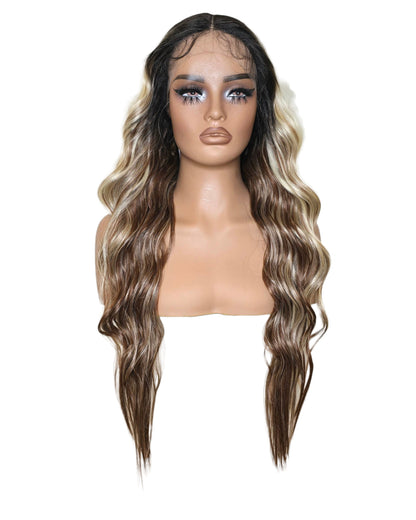 Chocolate Blonde Wavy Middle Part Lace Front Wig. Badra.