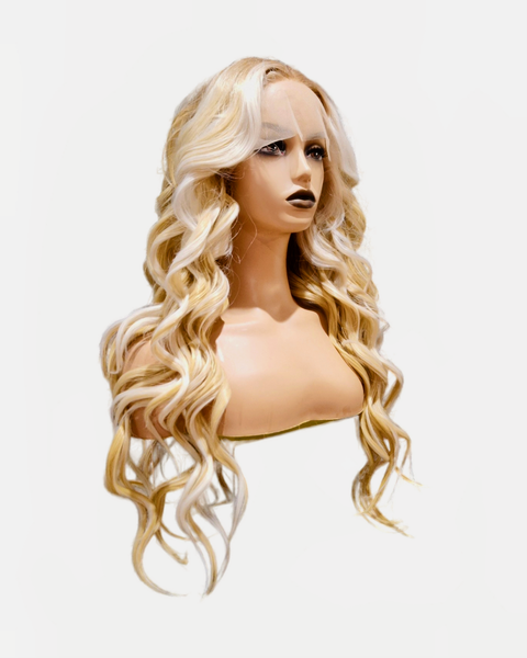 Defined Wave Blonde Streaked Middle Part Lace Front Wig  display picture 3