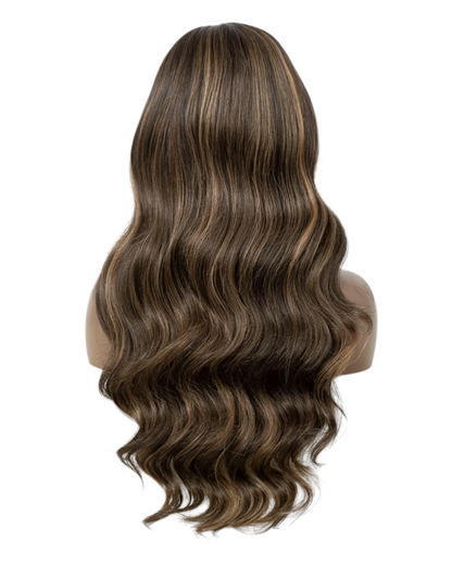 Streaked Caramel Brown Side Part Lace Wig. Zari