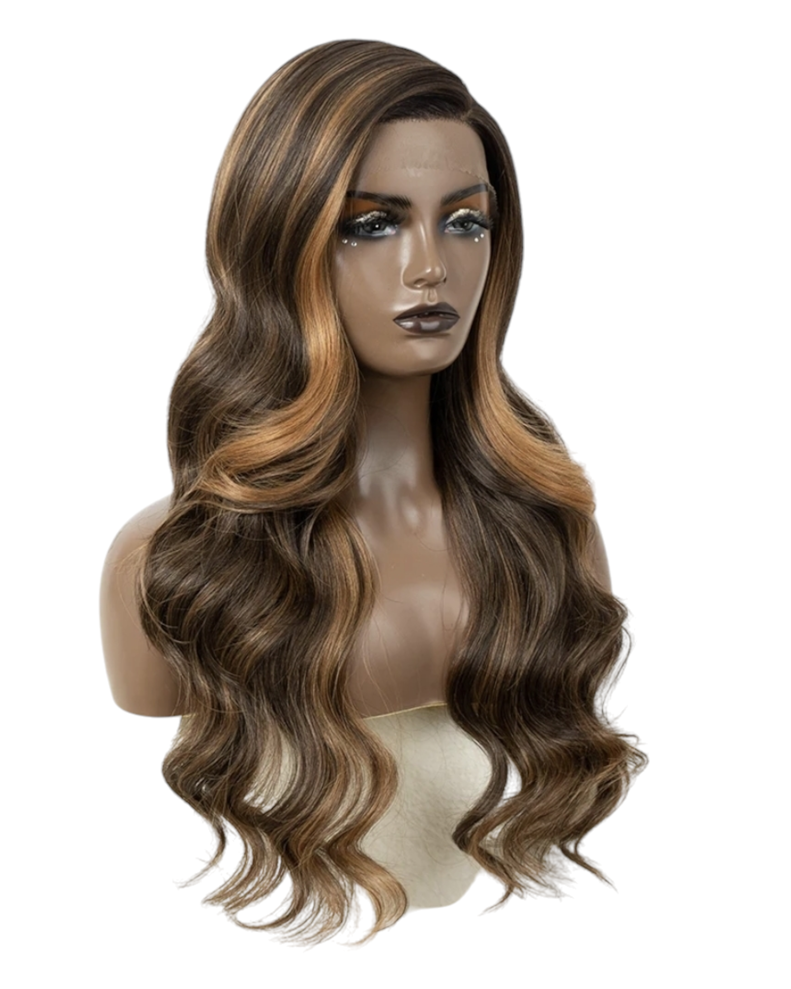 Streaked Caramel Brown Side Part Lace Wig. Zari