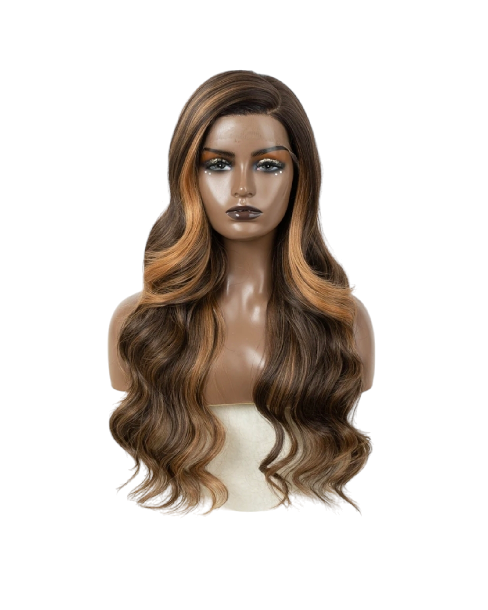 Streaked Caramel Brown Side Part Lace Wig. Zari