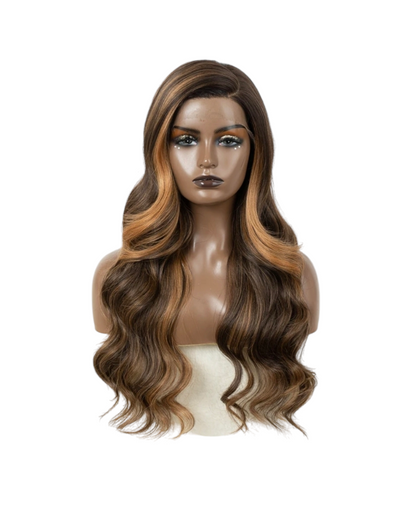 Streaked Caramel Brown Side Part Lace Wig. Zari