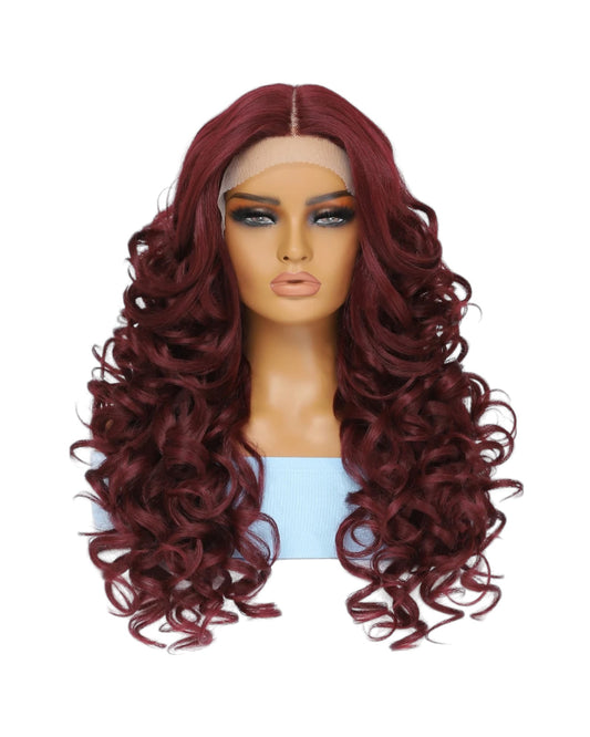 Burgundy Curly Synthetic Lace Front Wig. Glueless Centre Part Lace Wigs. Zena