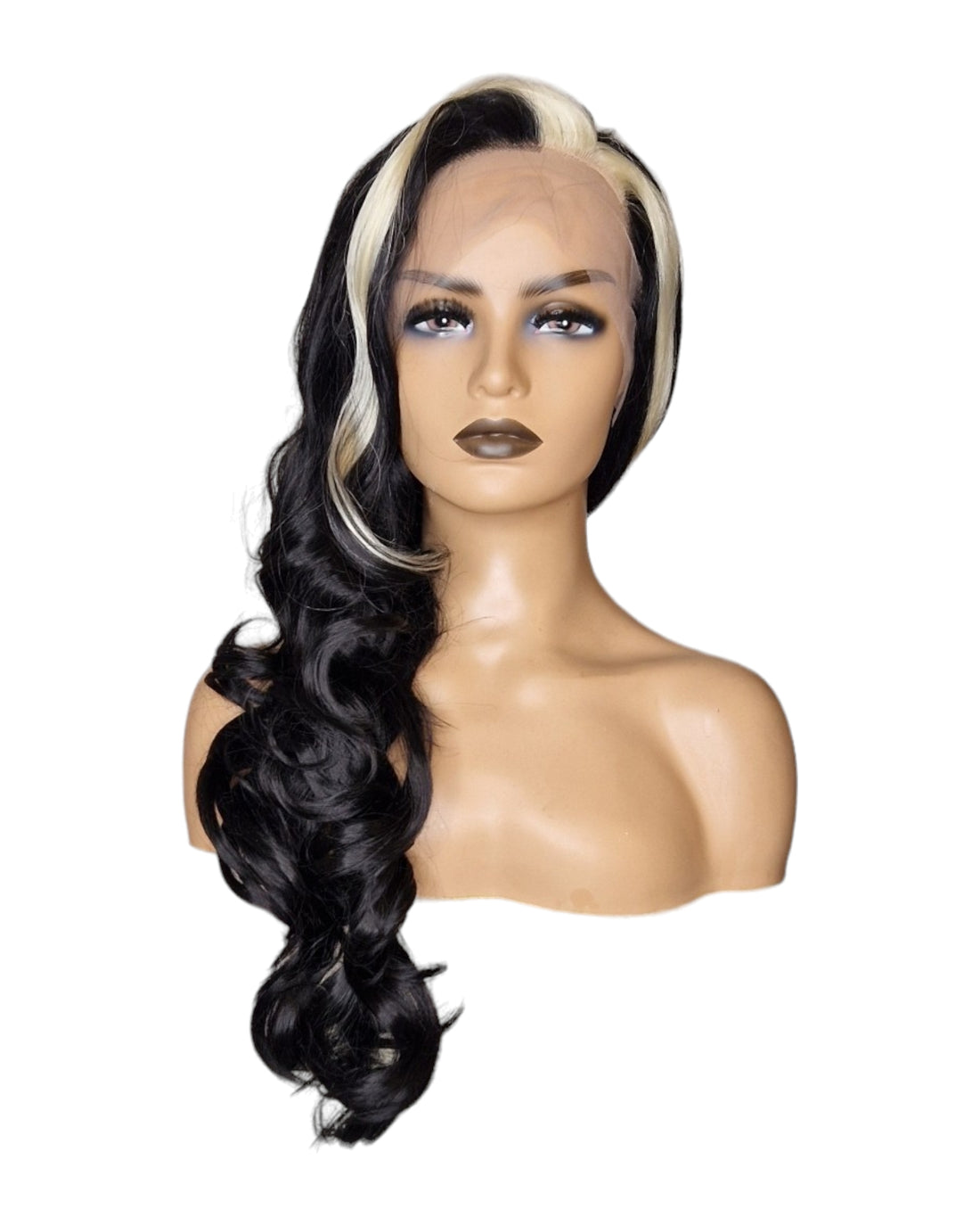 Blonde Streaked Bangs Black Wavy Lace Front Wig.  Visage