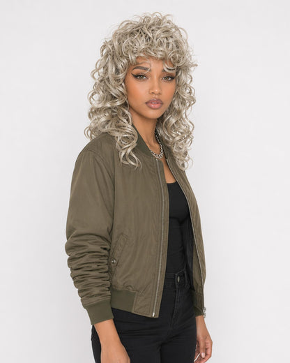 Ash blonde curly shag mullet wig - Reeva - left view - CelebWigs