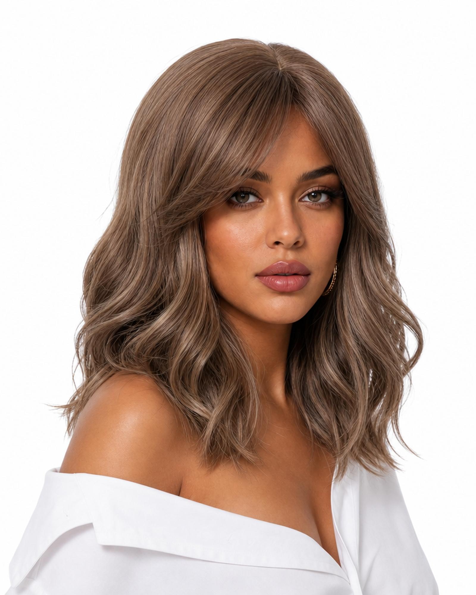 Cora — autumn brown wavy lob wig, left side view