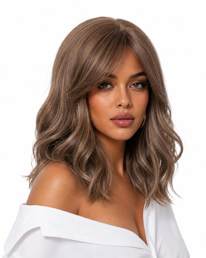 Cora — autumn brown wavy lob wig, left side view