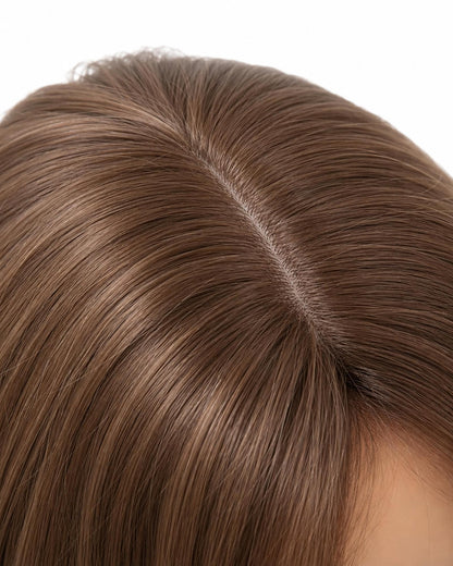 Cora — autumn brown wavy lob wig, top hairline close-up