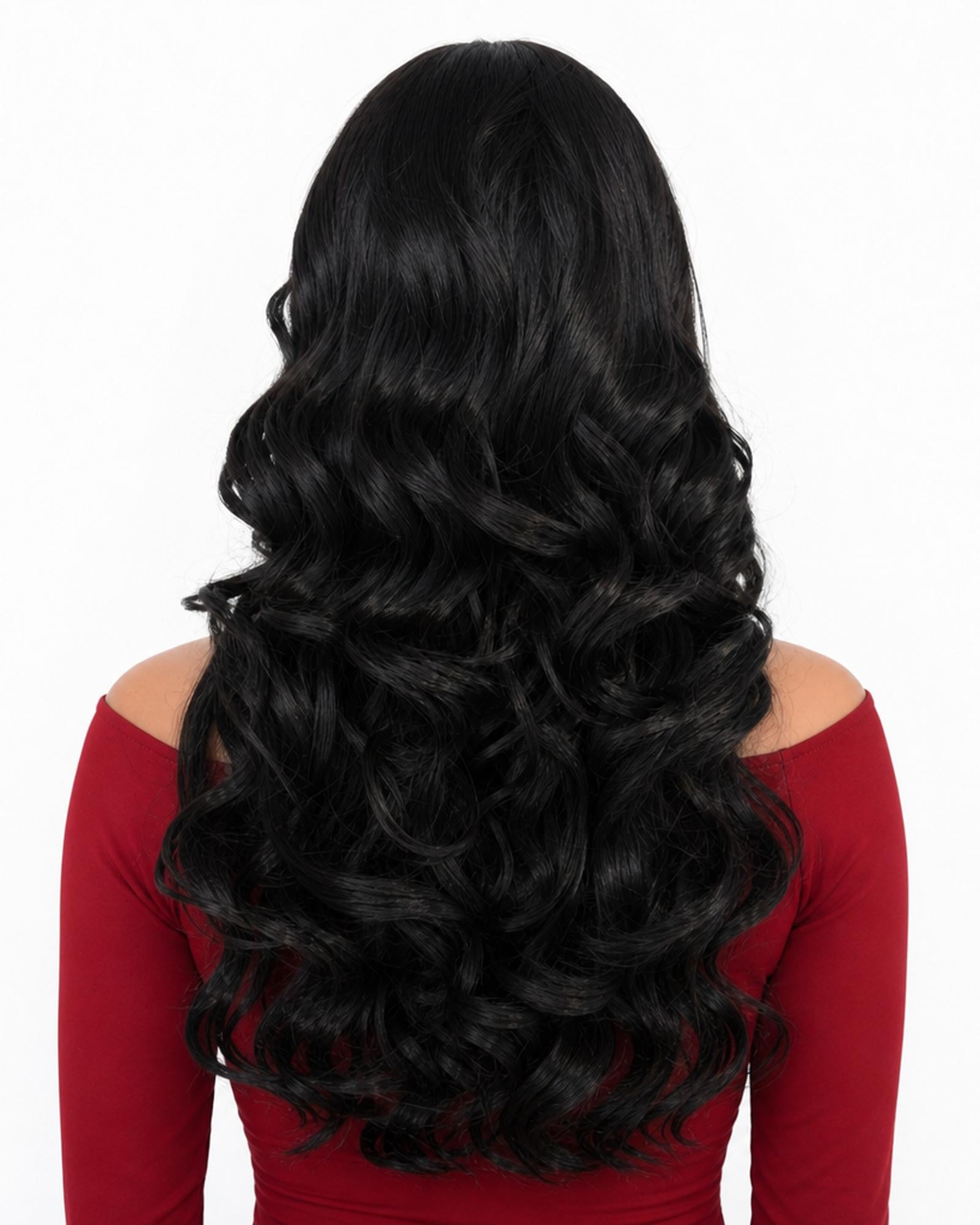 Black long wavy wig - Babet - rear view - CelebWigs