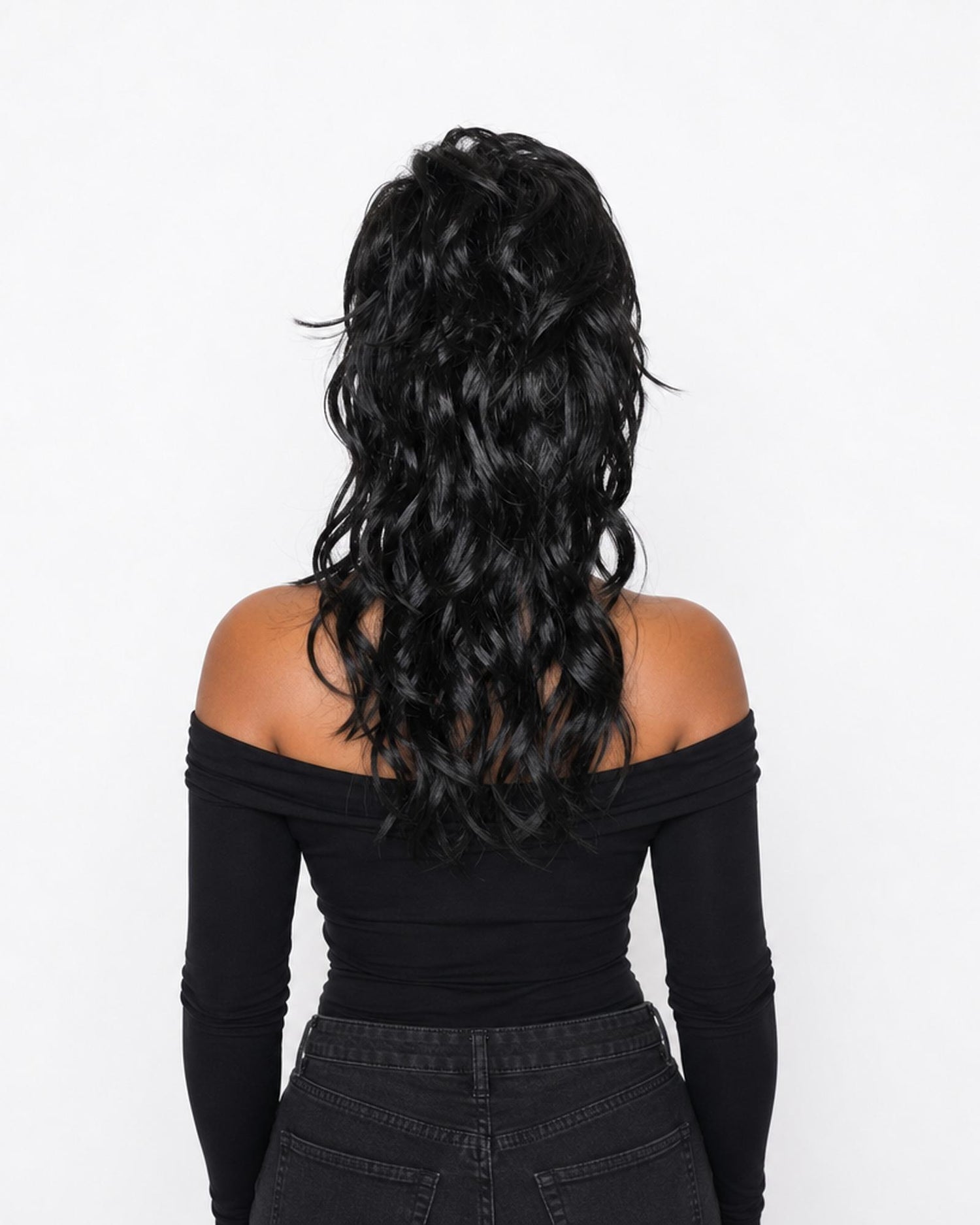 Black wavy shag mullet wig - Reema - rear view - CelebWigs