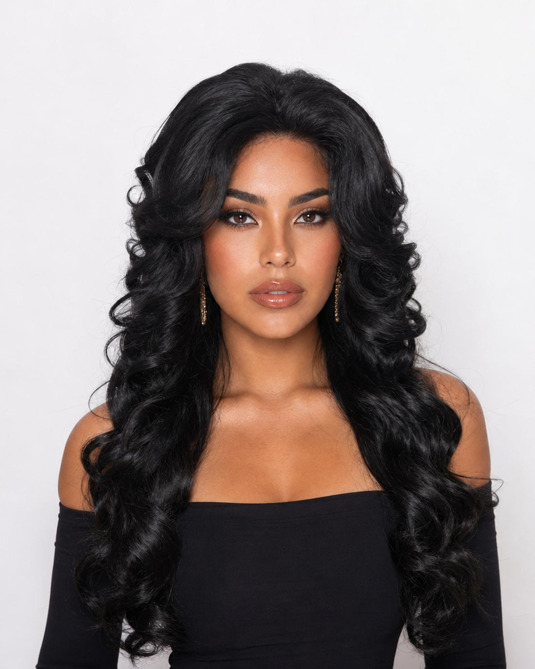 Farrah — black volume retro 70s lace front wig, front view