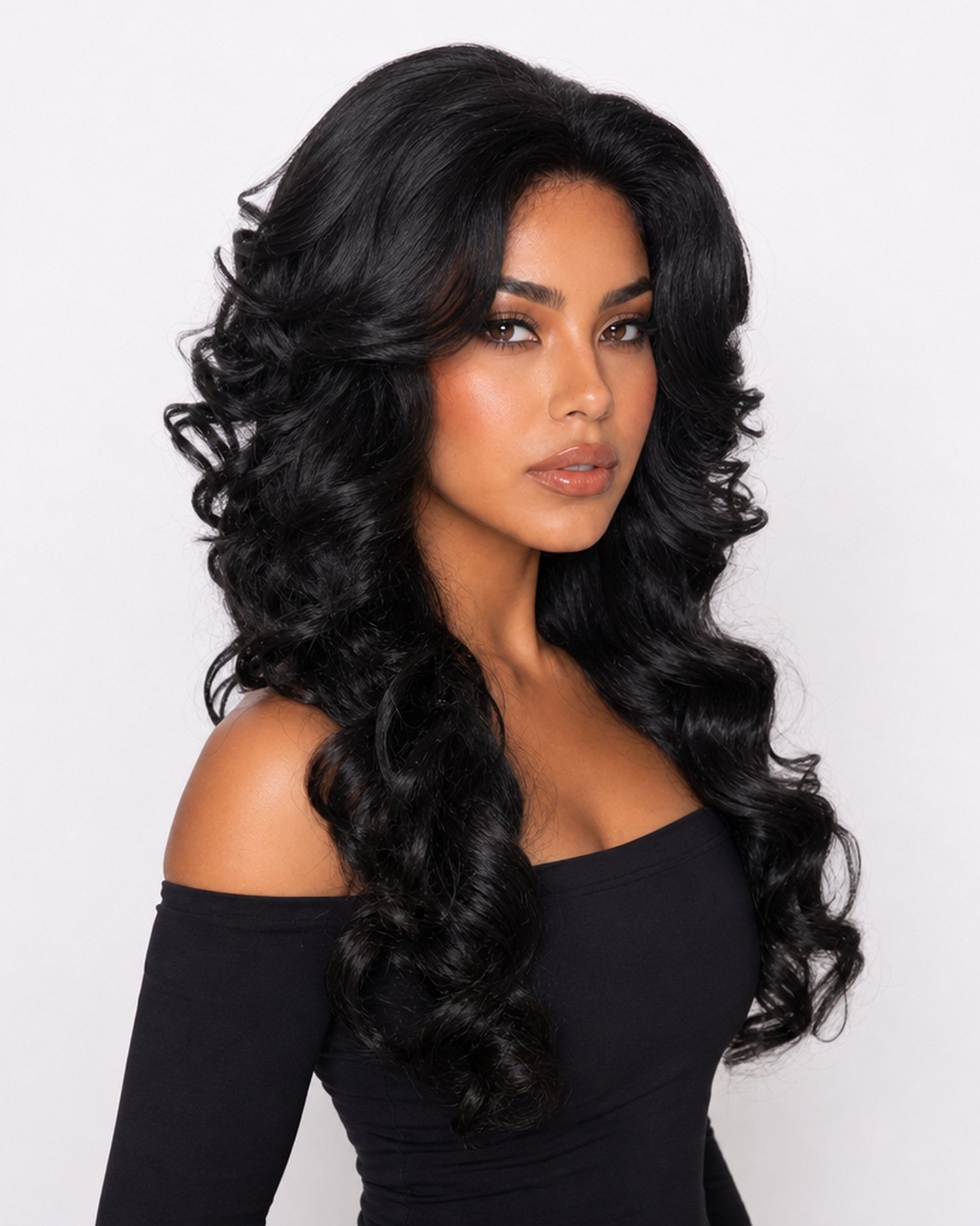 Farrah — black volume retro 70s lace front wig, left side view