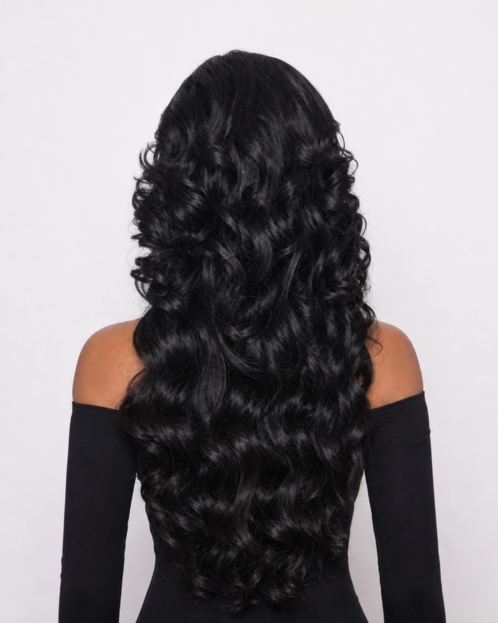 Farrah — black volume retro 70s lace front wig, rear view