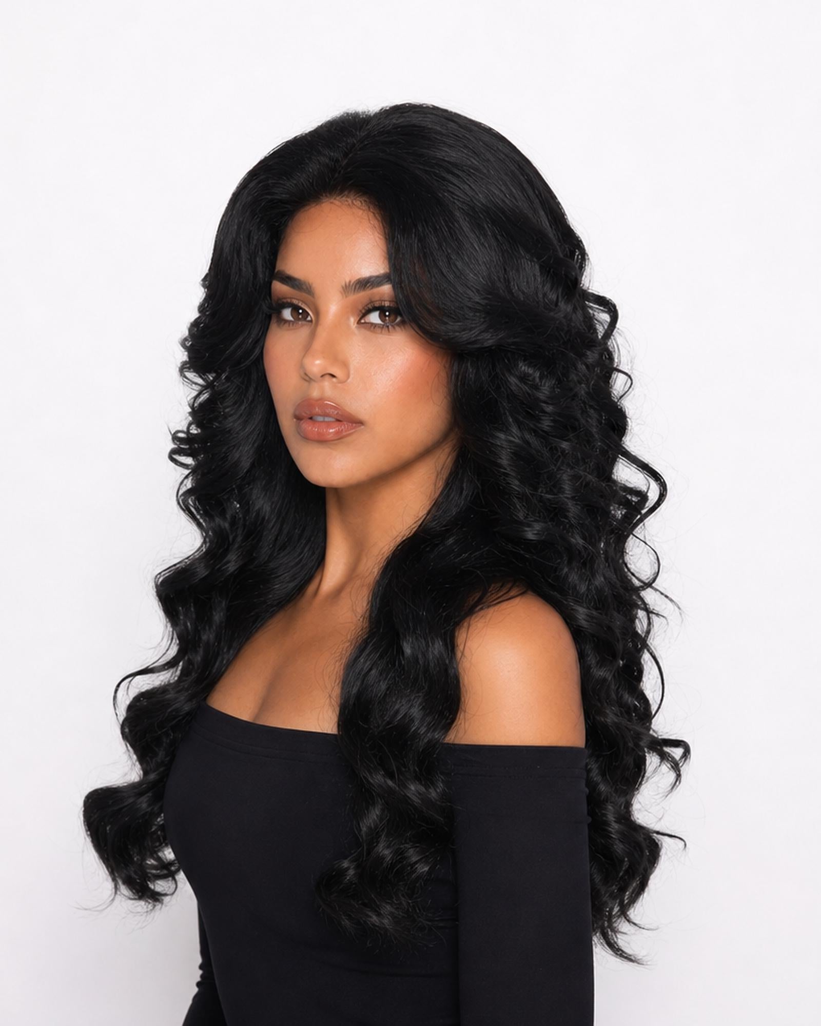 Farrah — black volume retro 70s lace front wig, right side view