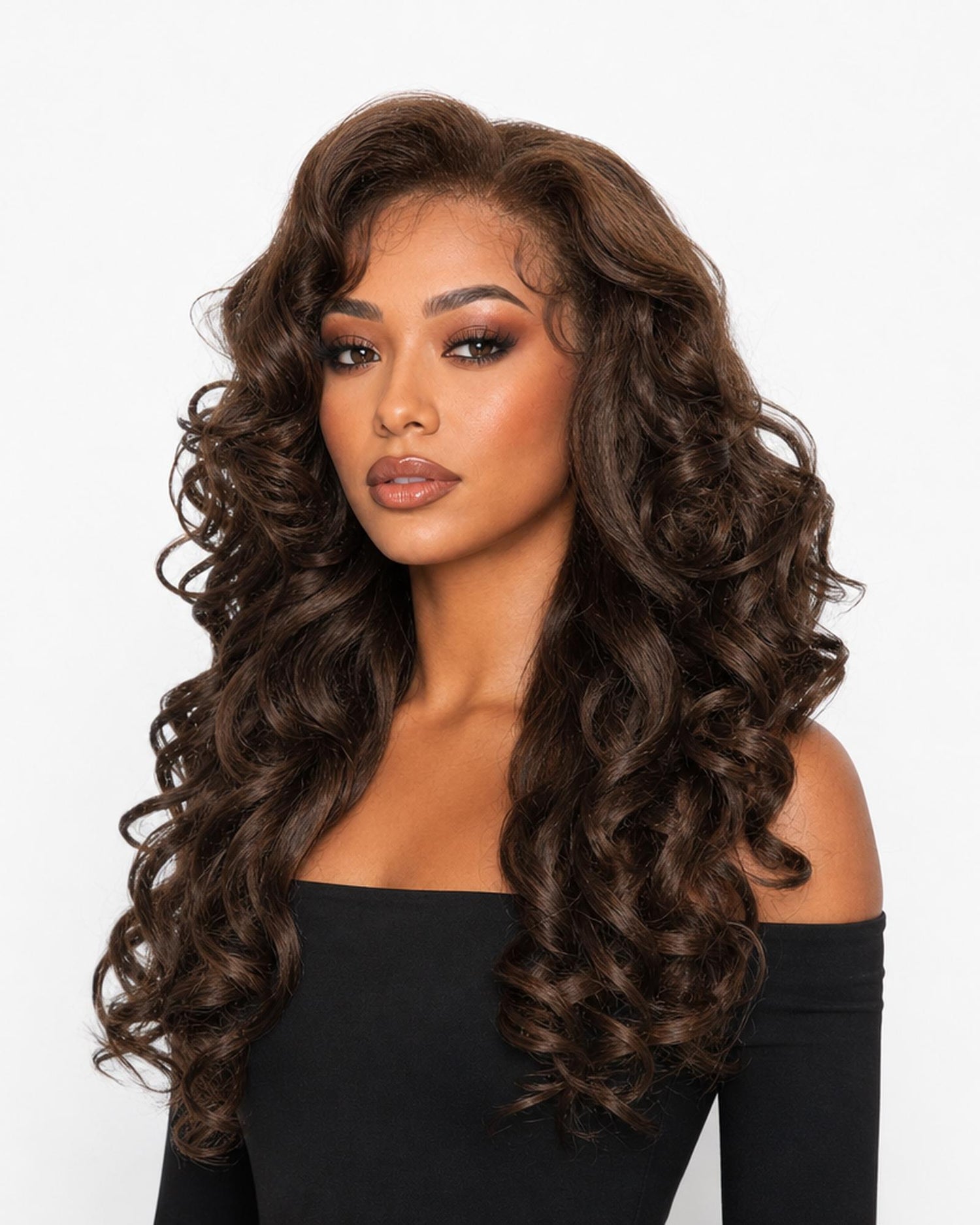 Bisha chocolate brown  — brown 6 13 x 6 lace front kinky texture curls wig, right side view