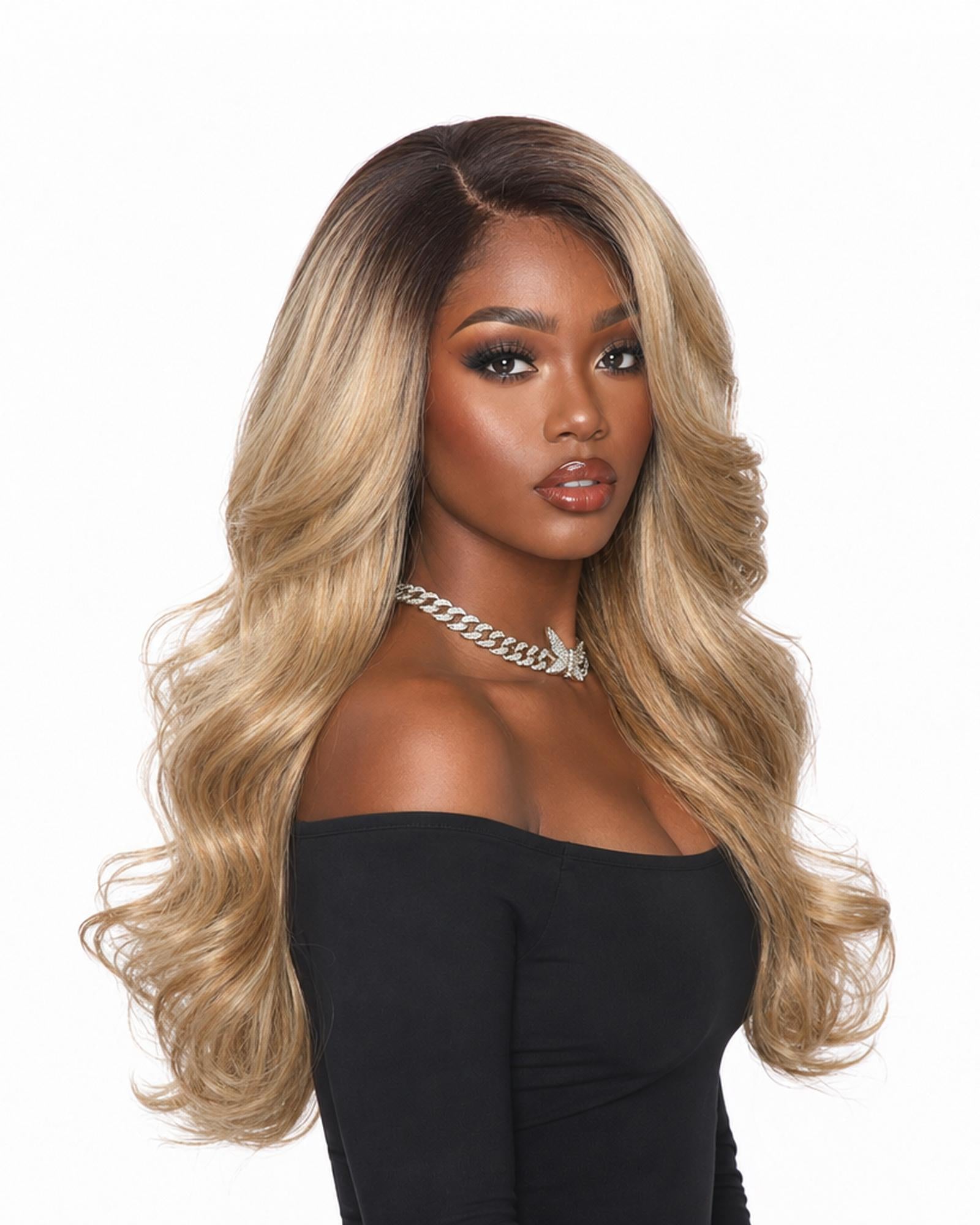 Bronte  — chocolate blonde  glamour volume  lace front  wig, left side view