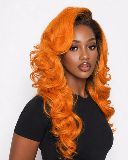 Farrah — copper orange volume curls lace front wig, left side view