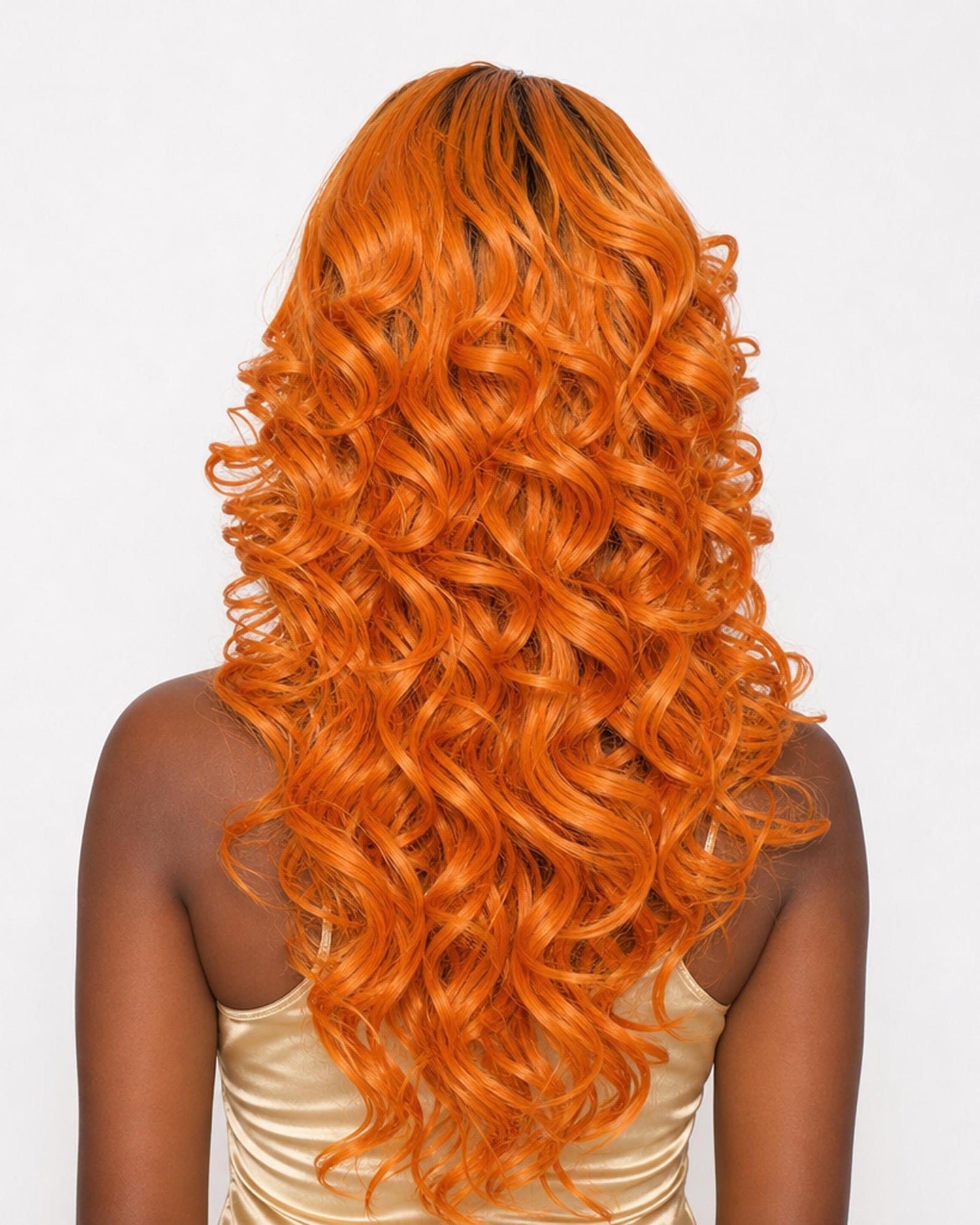 Farrah — copper orange volume curls lace front wig, rear view