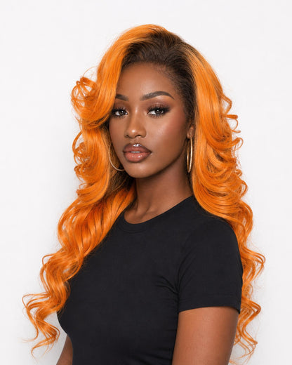 Farrah — copper orange volume curls lace front wig, right side view